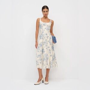 Reformation Cream Midi Dress with Light Blue Floral Print